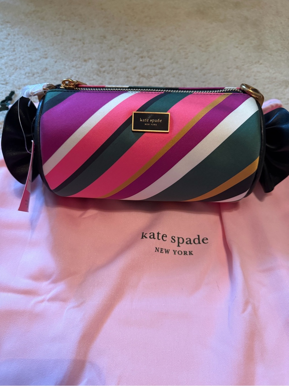 kate spade Pink Multi-Stripe Barrel Cosmetic Case with Gold Hardware